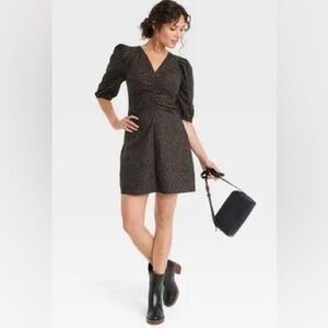 Women's Elbow Puff Sleeve Ruched Mini Dress - Brown & Black 6